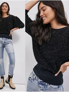 Anthropologie Maeve Pamela Black Tinsel Shimmer Sweater Size Medium
